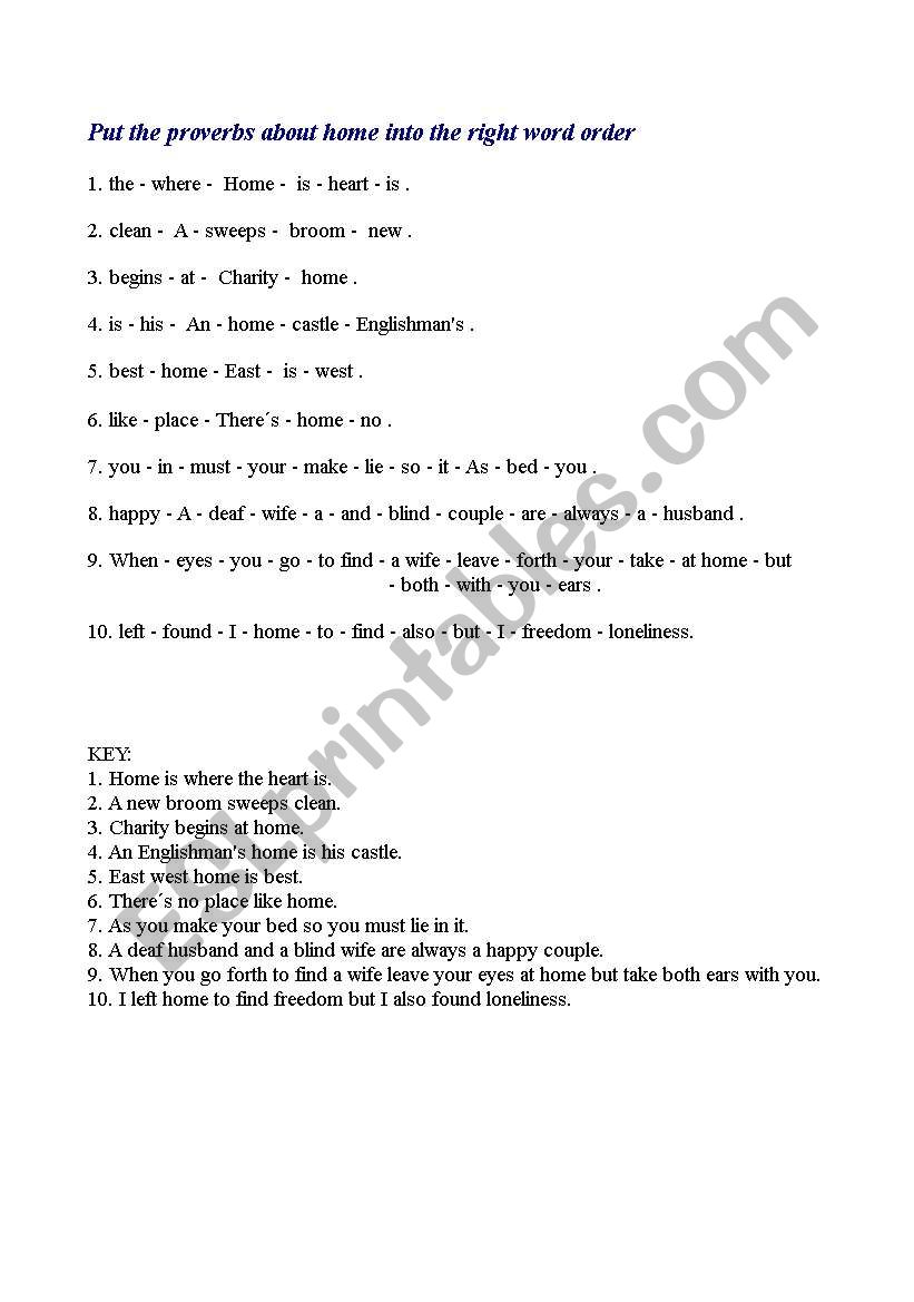 Proverbs about Home worksheet