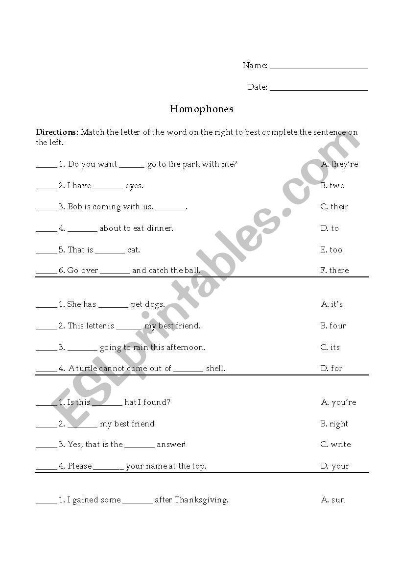 Homophones Matching Sheet worksheet