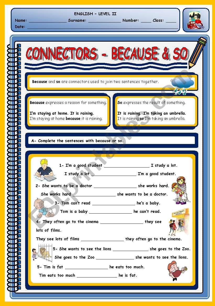 CONNECTORS - BECAUSE & SO worksheet