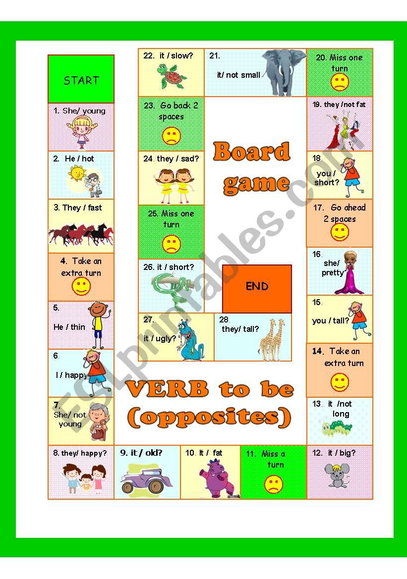 BOARD GAME  VERB to be (opposites) + B/W + Instructions (fully editable)