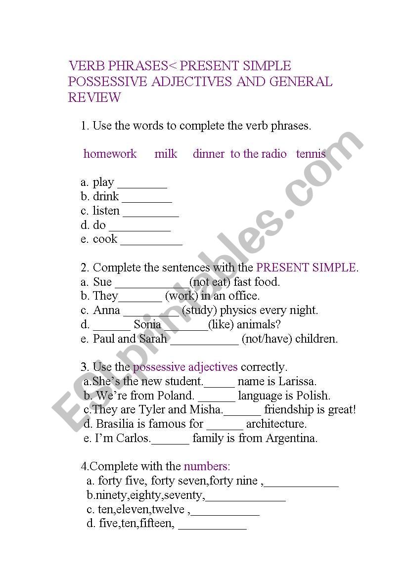 verb phrases and others worksheet