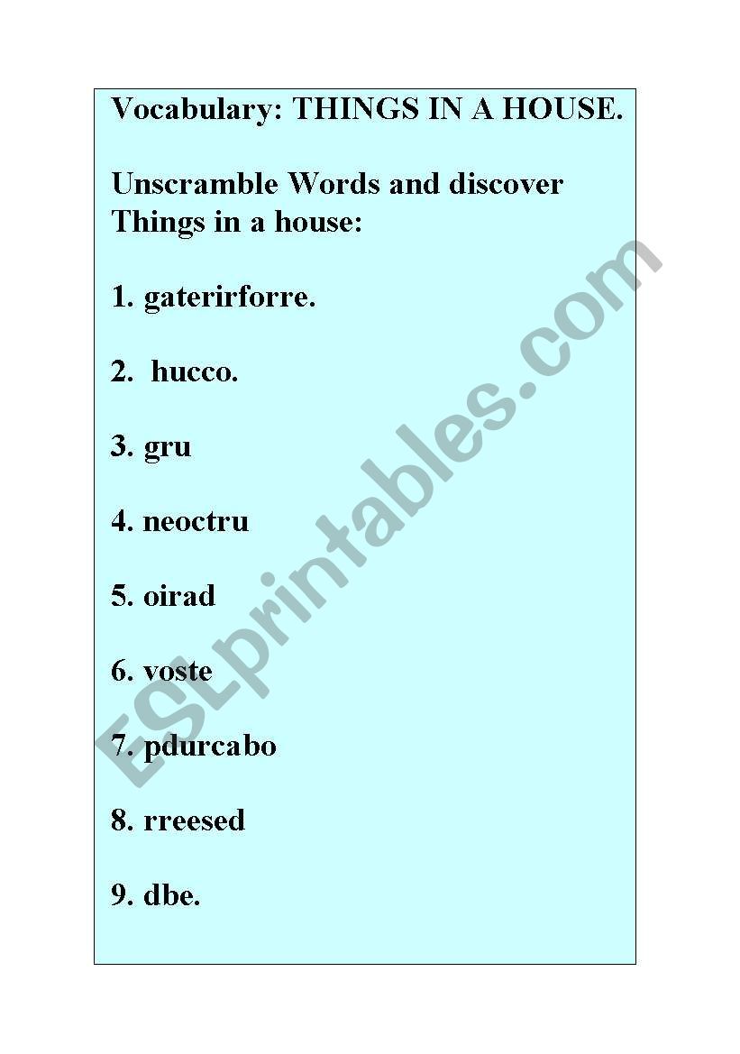 THINGS IN HOUSE worksheet
