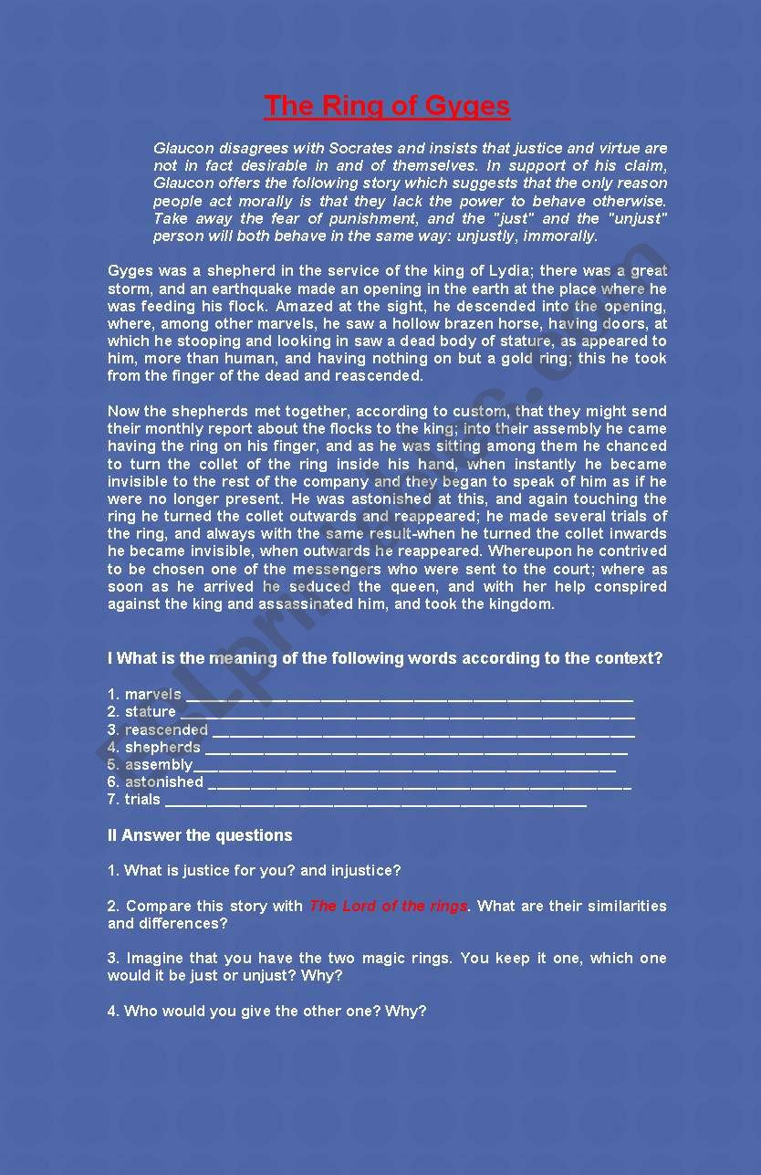 English worksheets reading comprehension the ring of gyges vs the