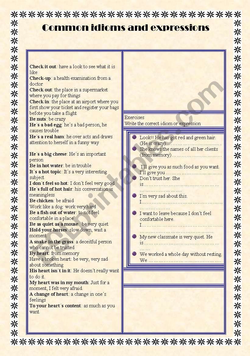 common idiom and expressions worksheet