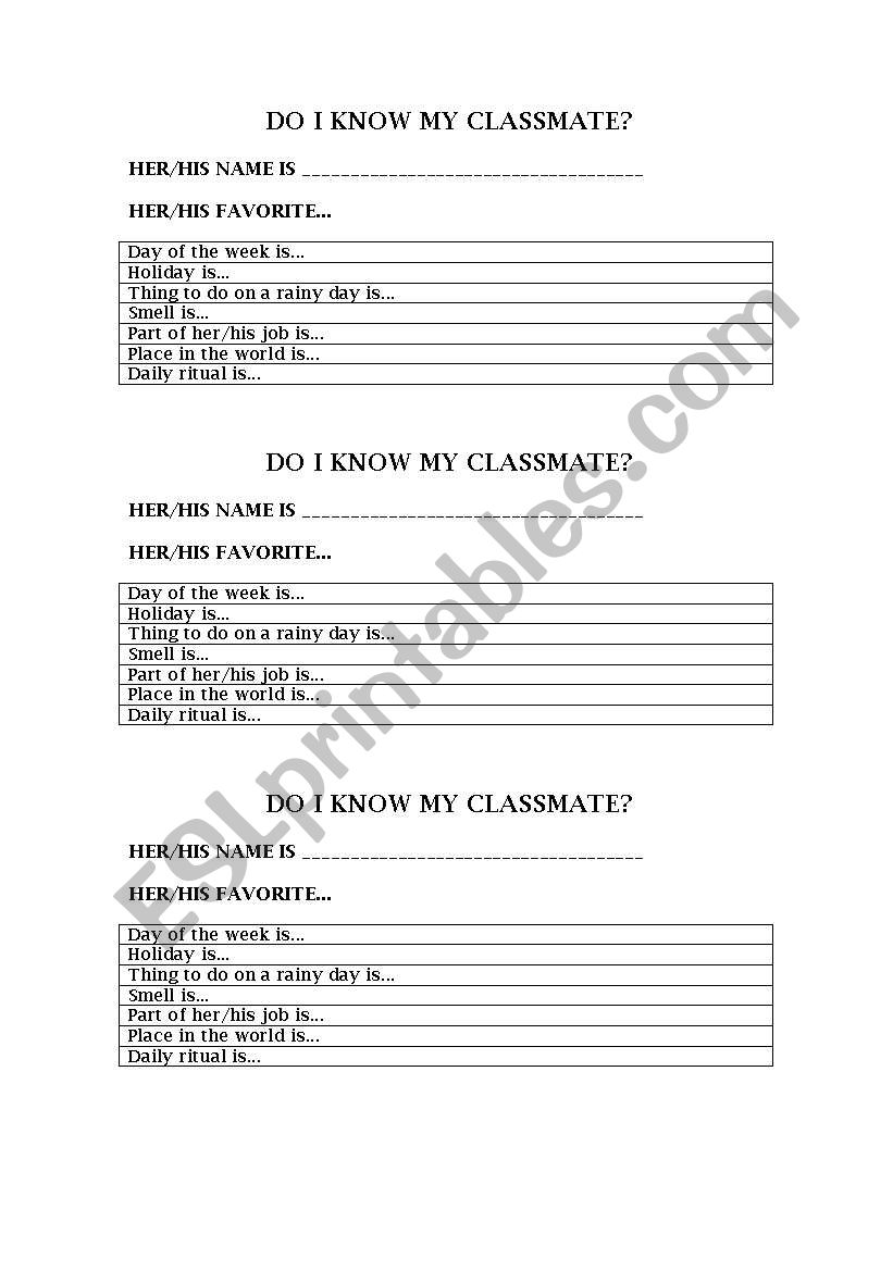 Do I know my classmate? worksheet