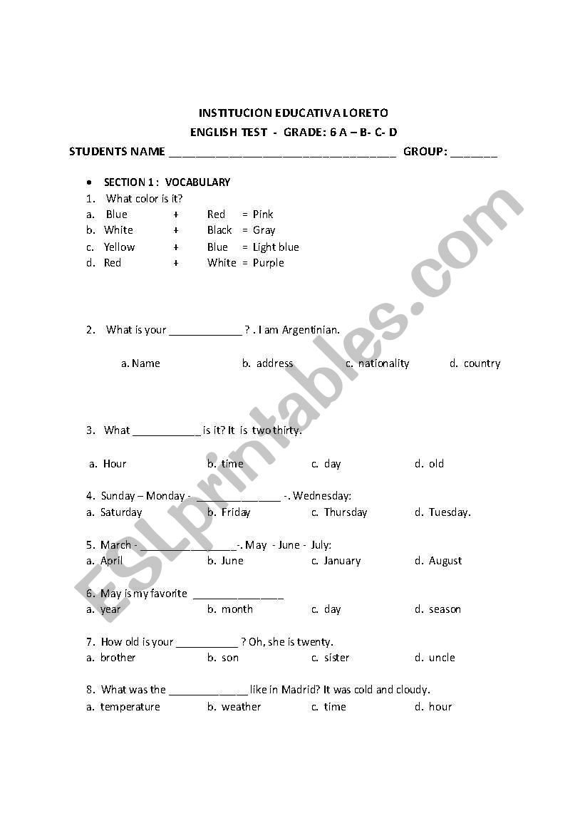 basic test worksheet