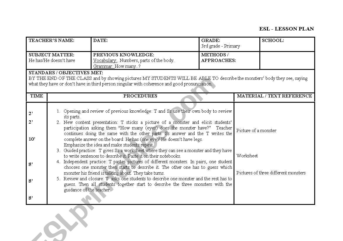 Lesson plan for teaching he/she has - he/she doesnt have