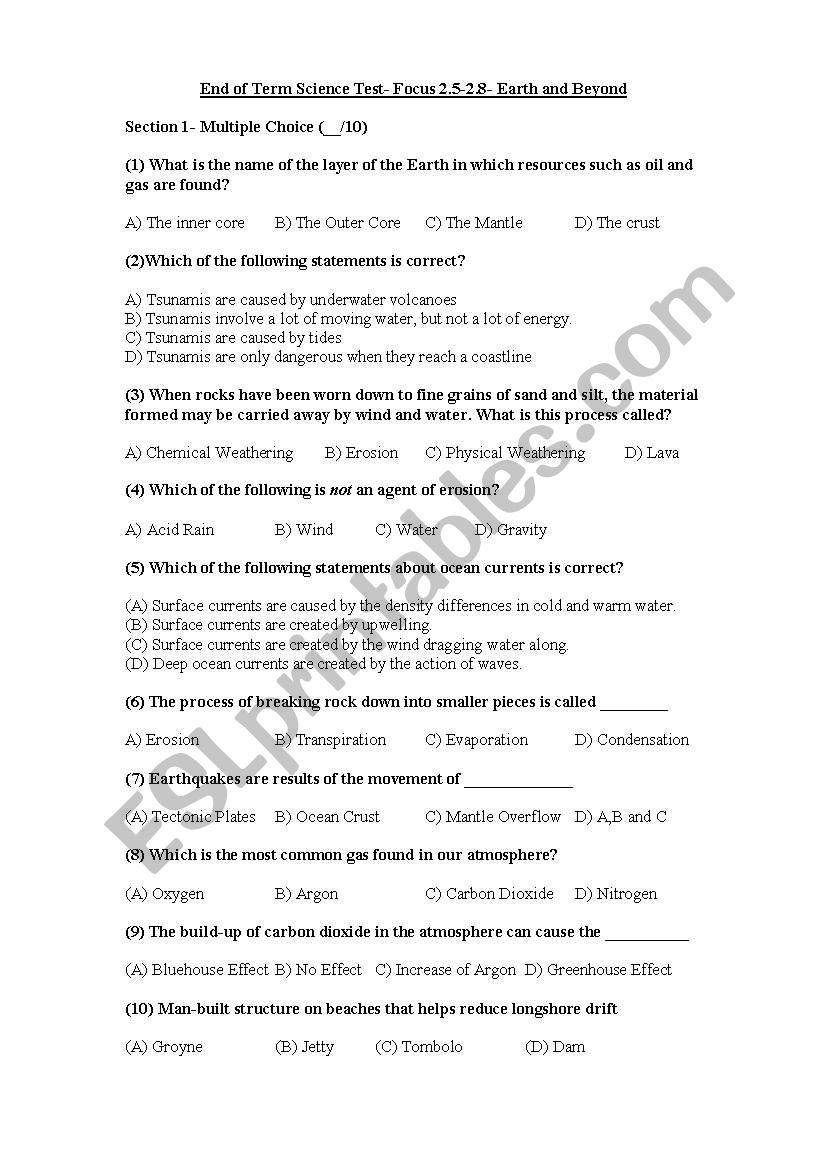 Science Test worksheet