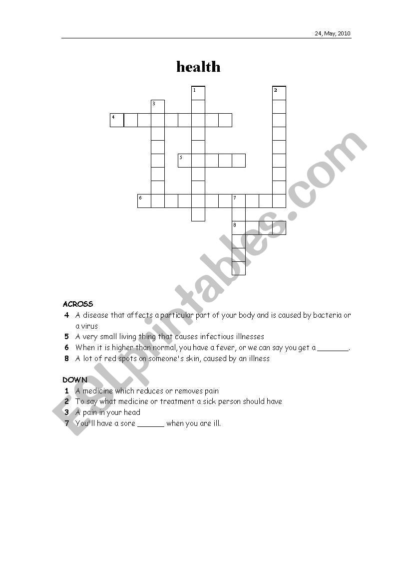 Crossword for Health worksheet