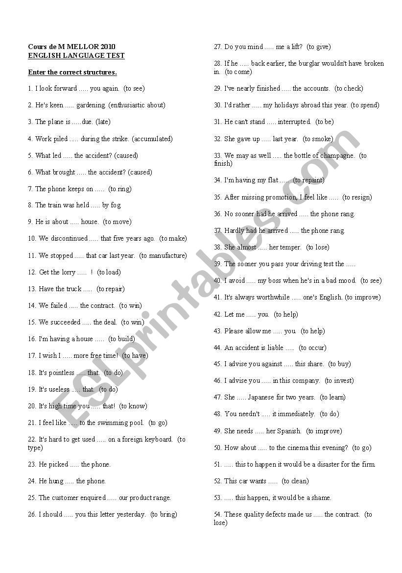 INTERMEDIATE LEVEL ENGLISH STRUCTURES TEST