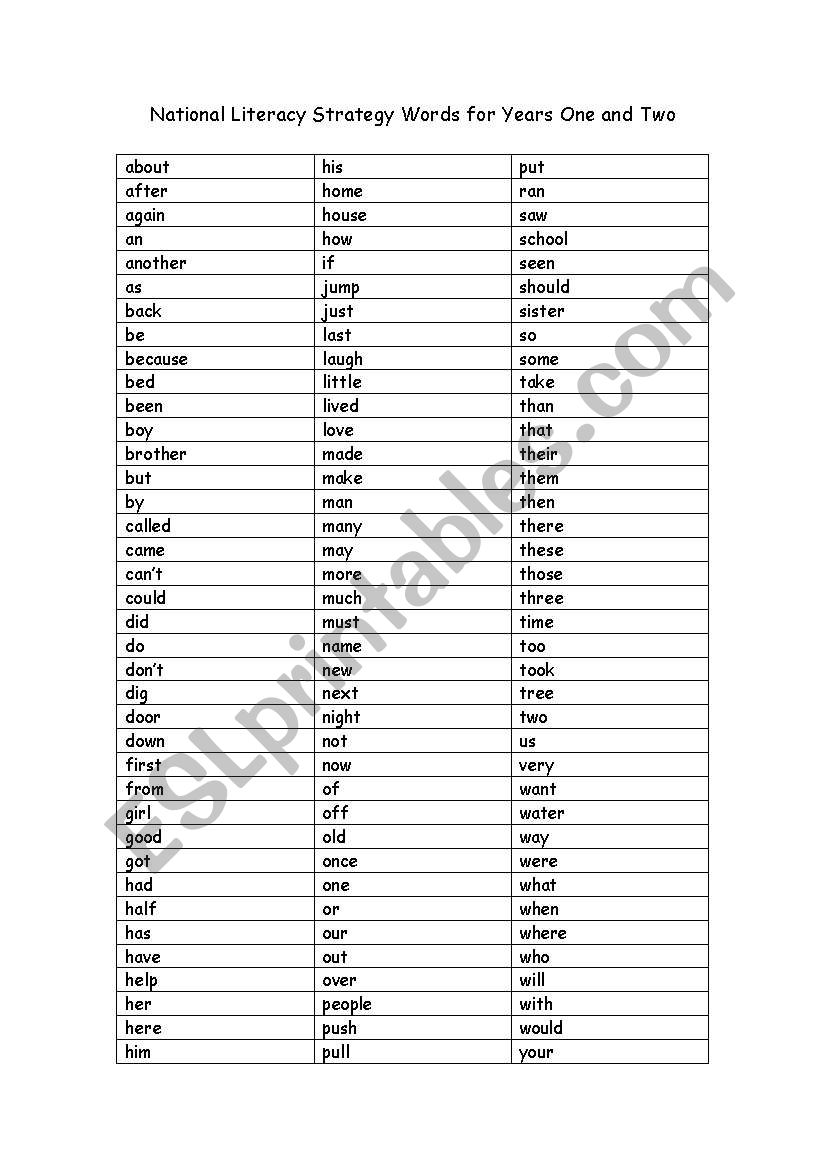 National Literacy Strategy Words for Years One and Two