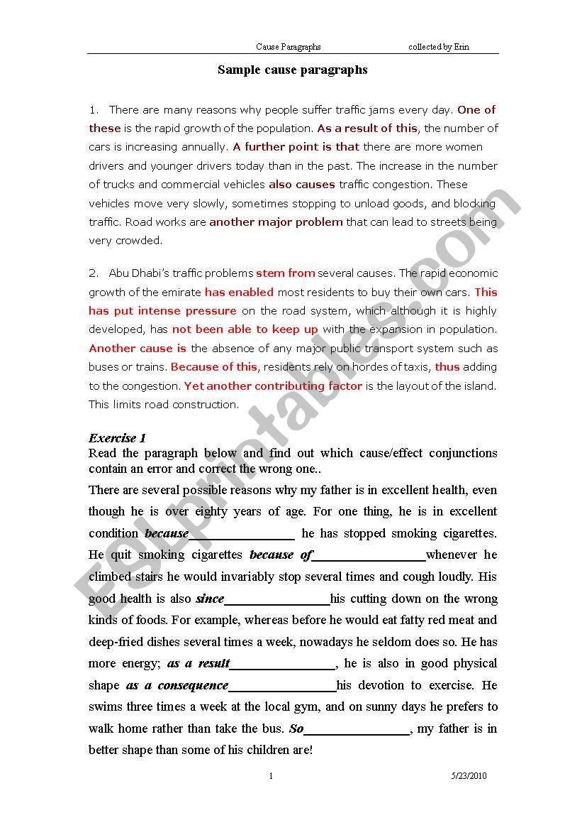 writing:sample cause paragraph and exercise
