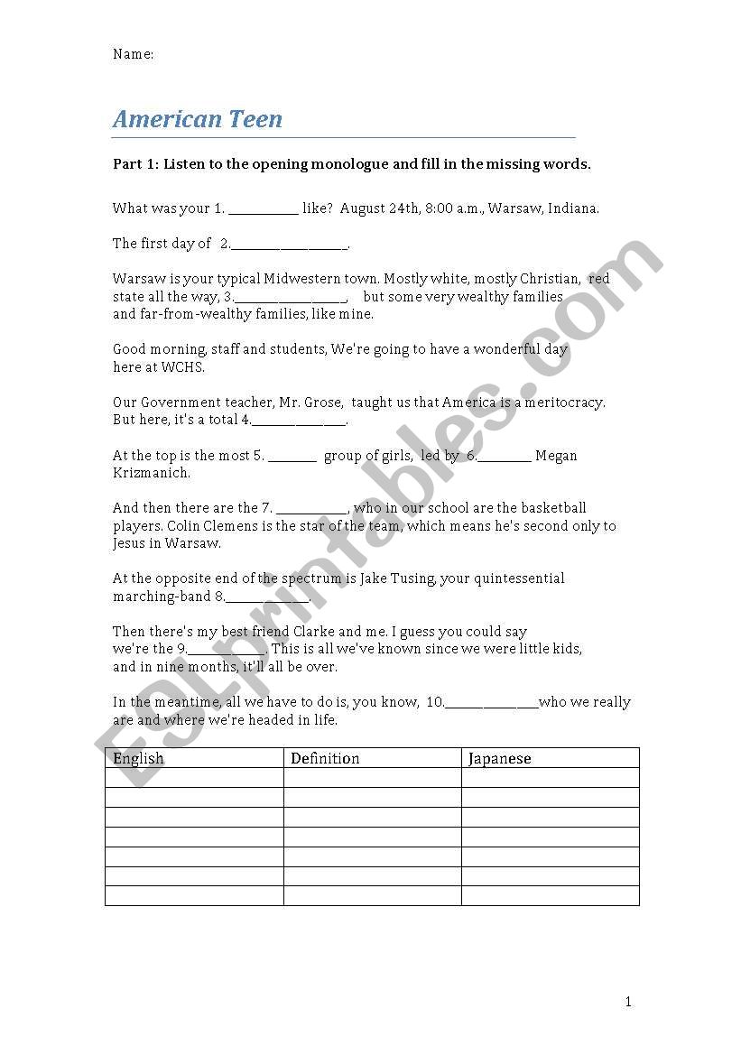 American Teen worksheet