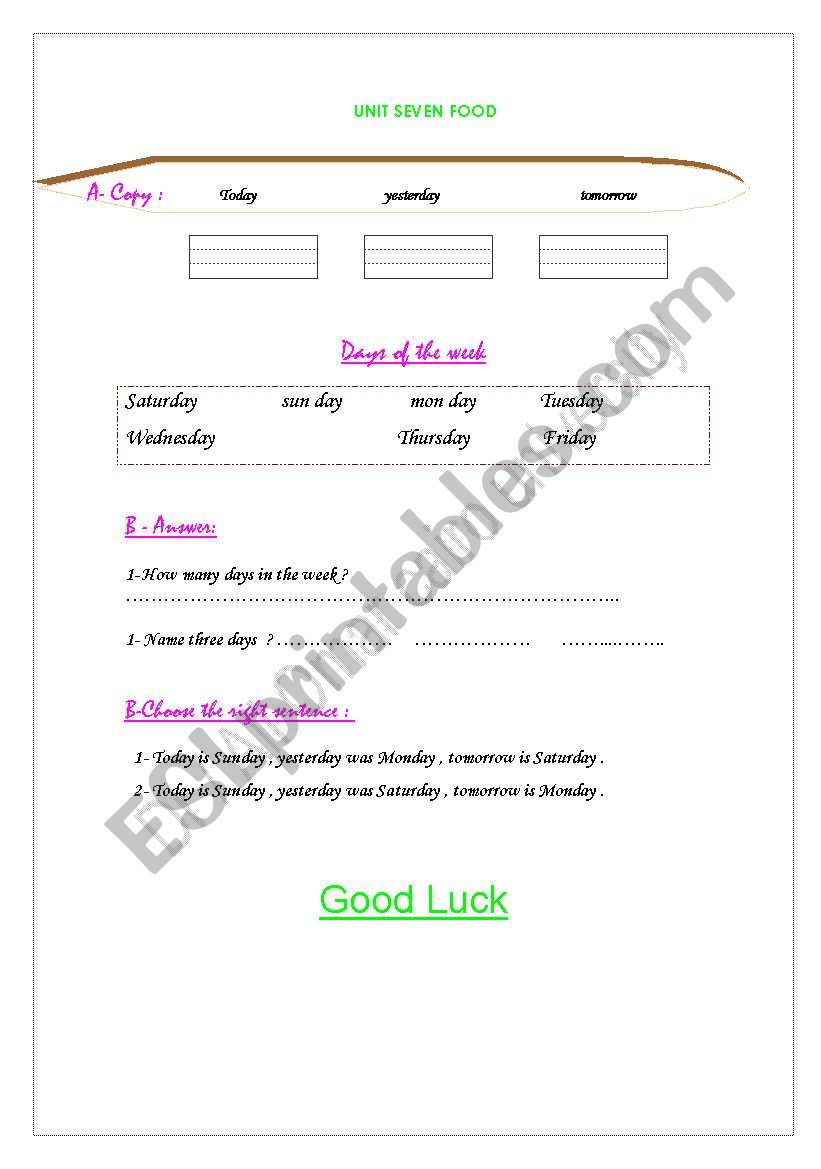 days worksheet