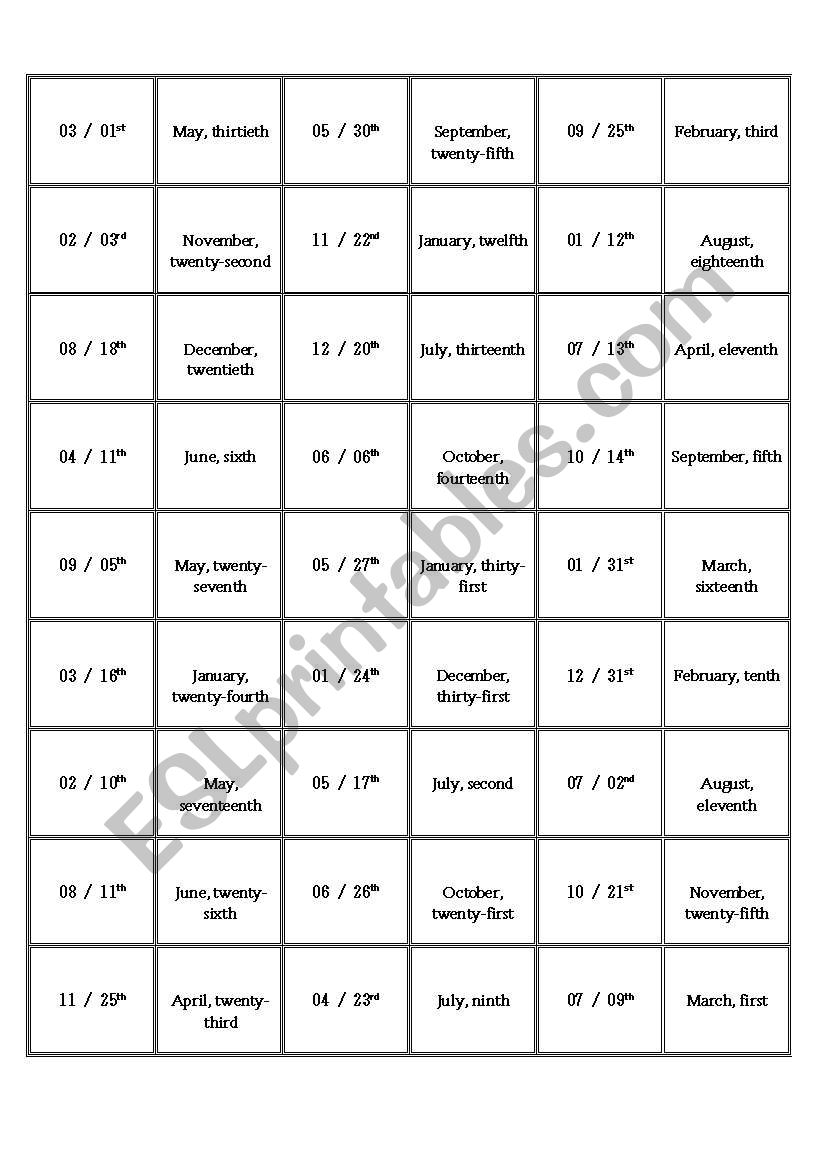 Dates Domino worksheet