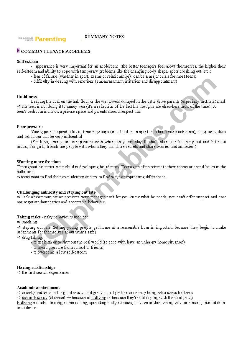 TEENAGE PROBLEMS worksheet