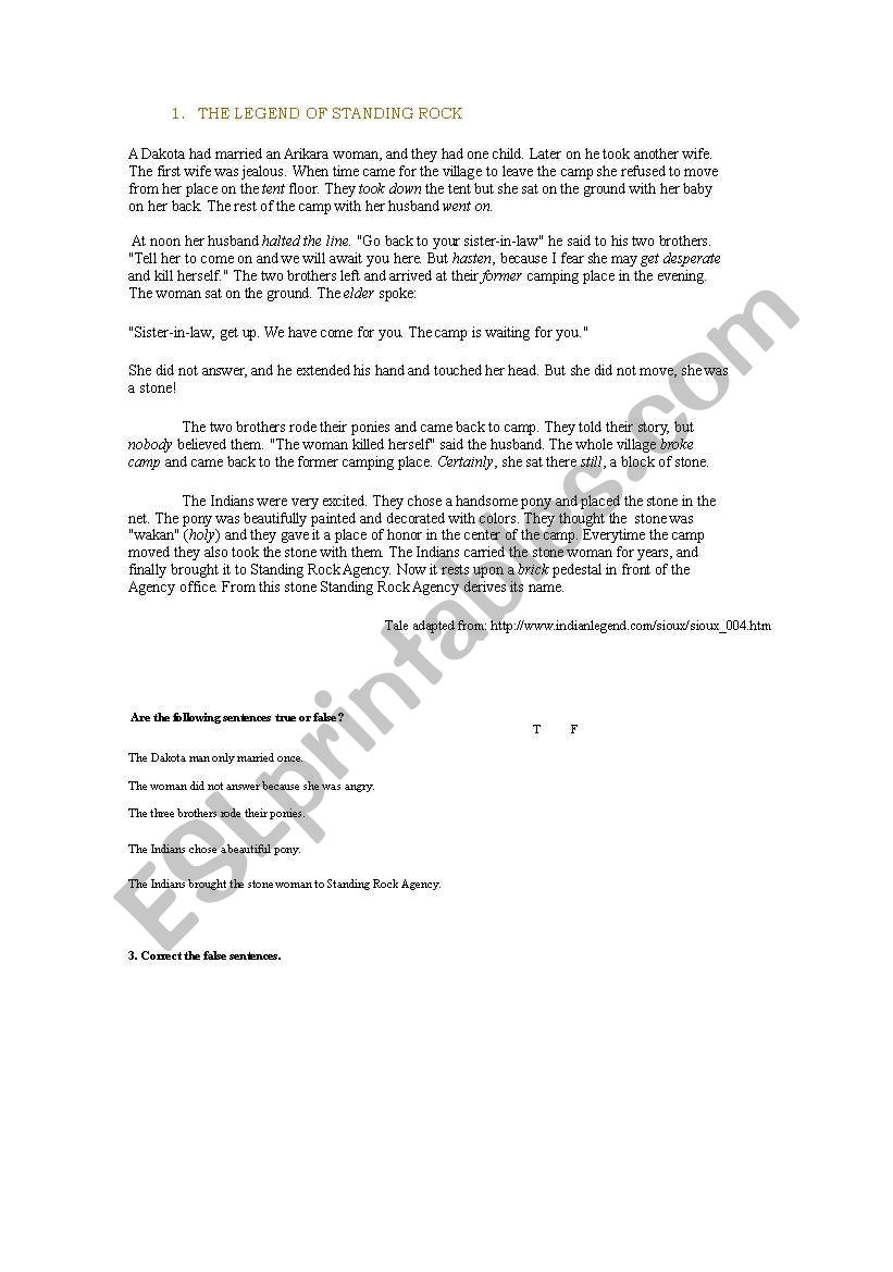 The Legend of  Standing Rock worksheet