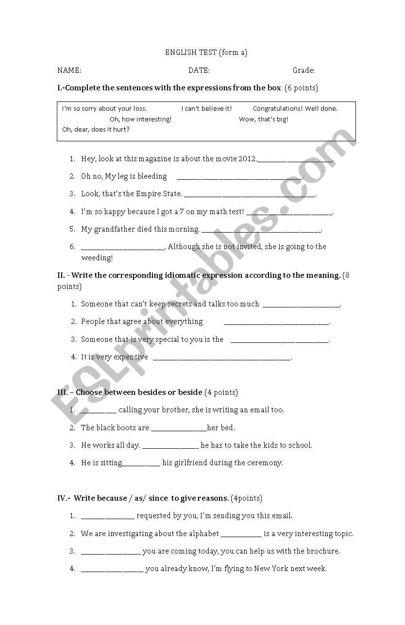 present continous and idiomatic expressions test