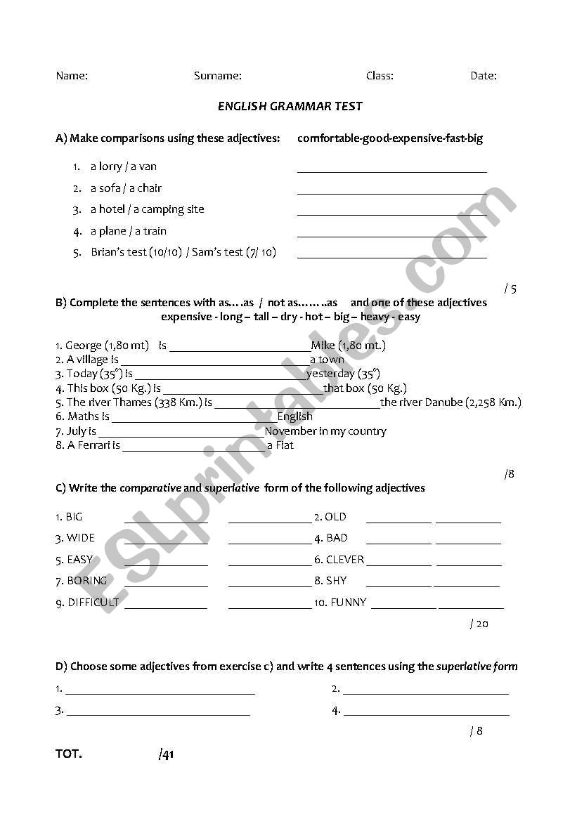 TEST ON COMPARATIVES AND SUPERLATIVES