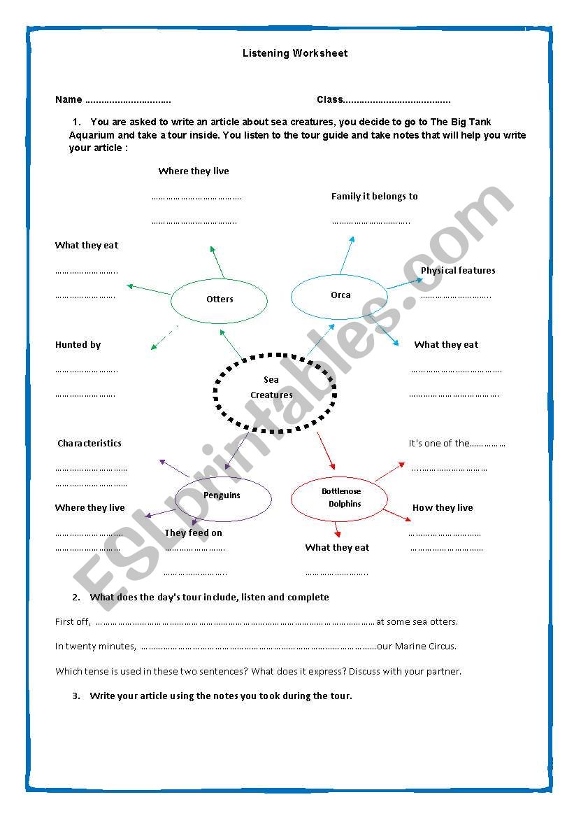 listening worksheet on sea creatures