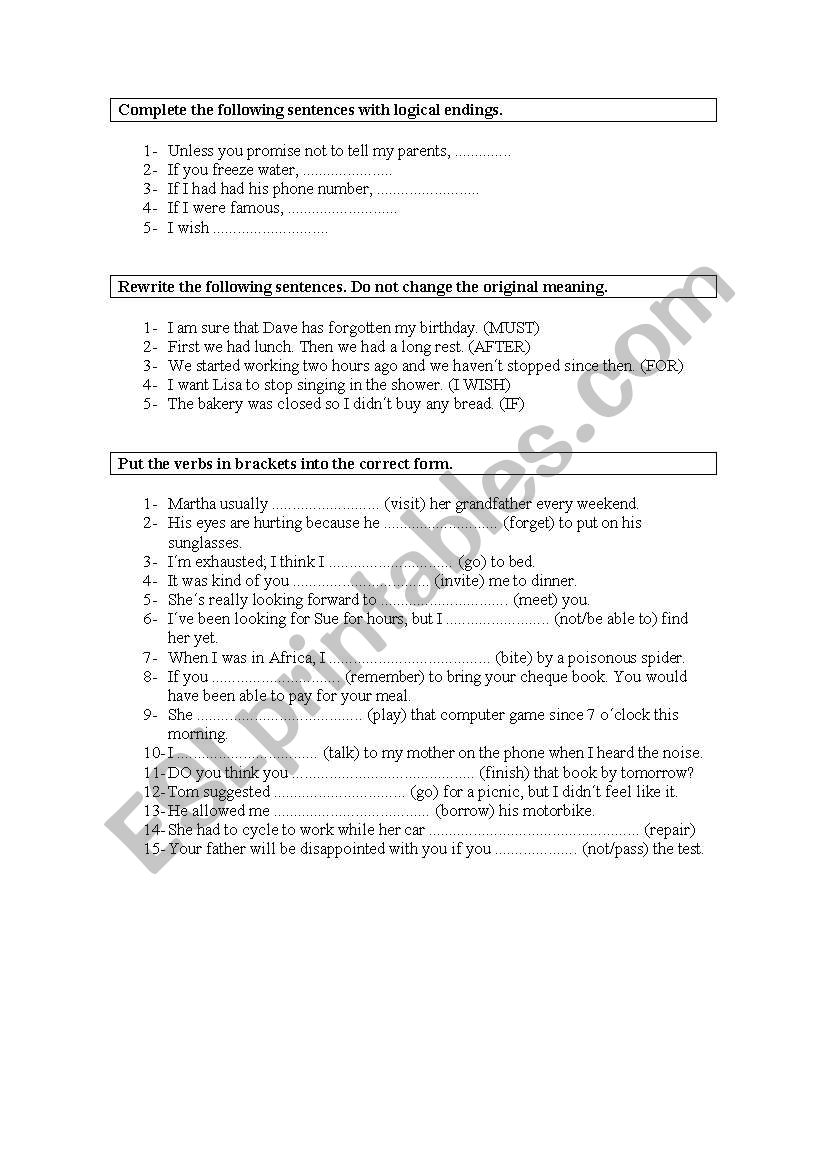 revision exercises worksheet