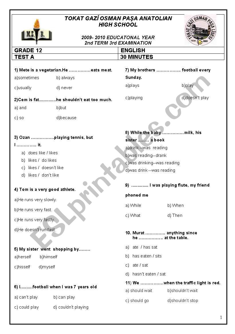 IInd Term 3rd English Examination for (Anatolian High Schools)Class 12  (5 pages)