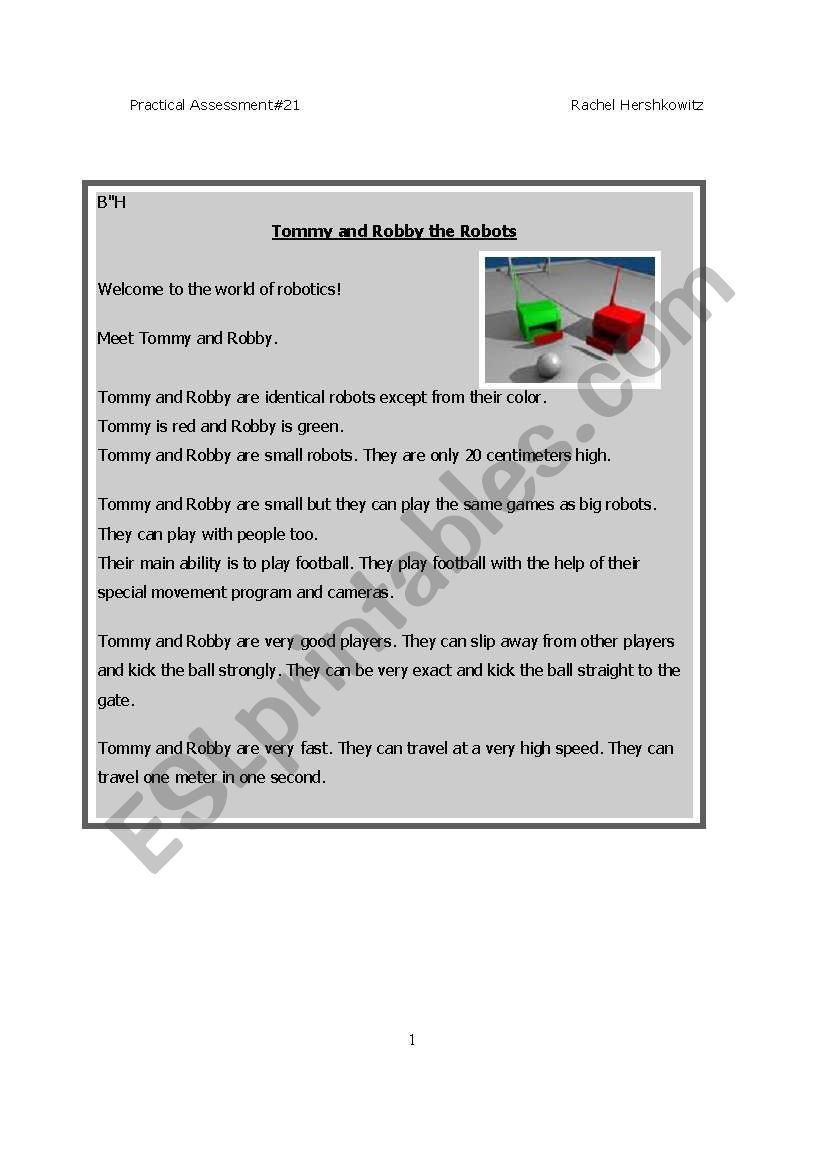 Tommy and Robby the Robots worksheet