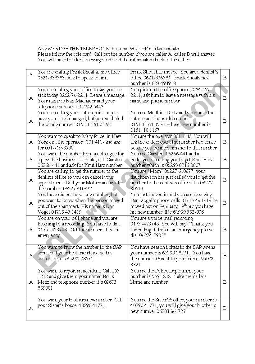 Telephone Challenge worksheet