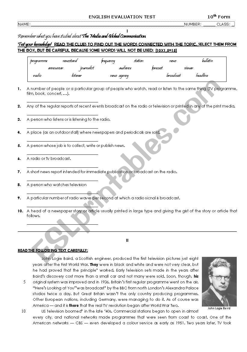 Television- J. L. Baird - TEST 10th Grade