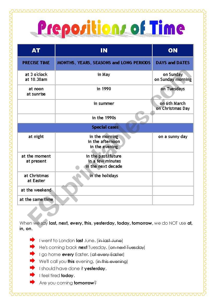 * PREPOSITIONS OF TIME * worksheet