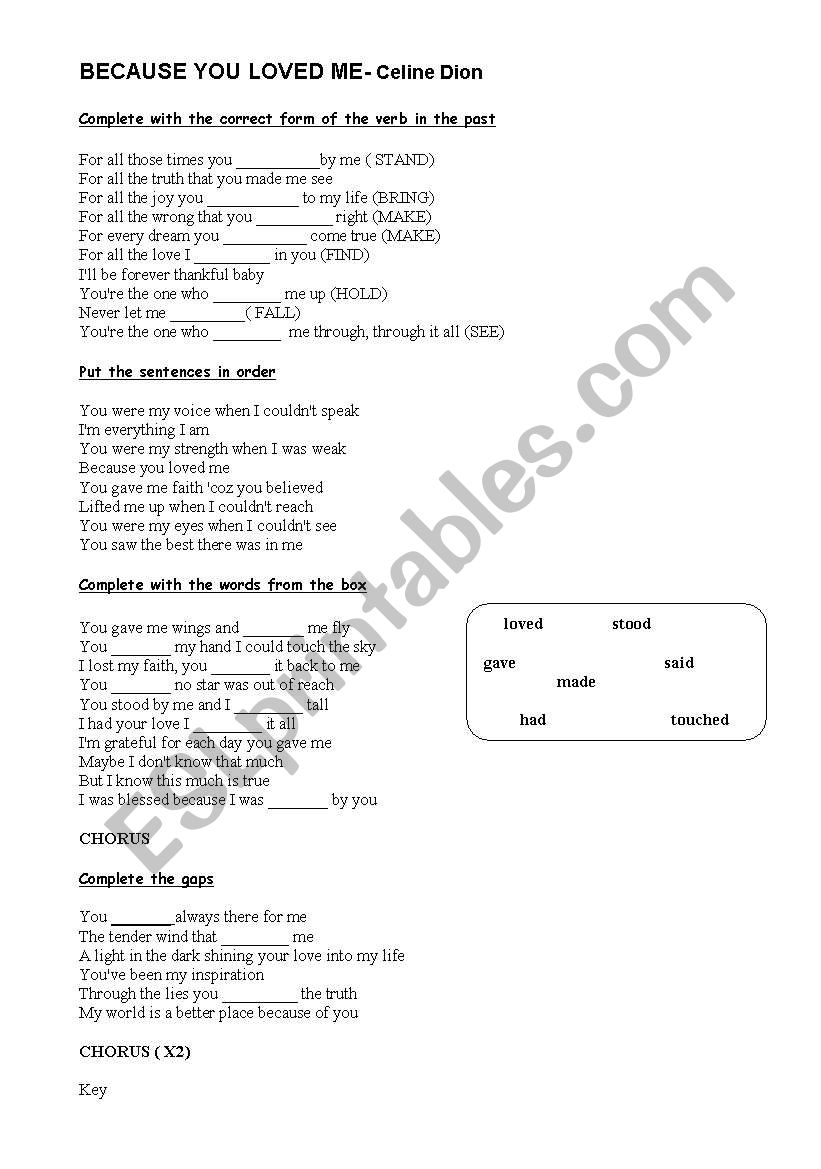 Song- Because you loved me worksheet
