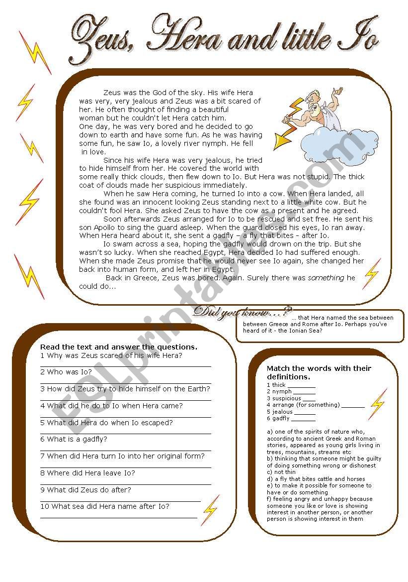 zeus, hera and io (with key) worksheet