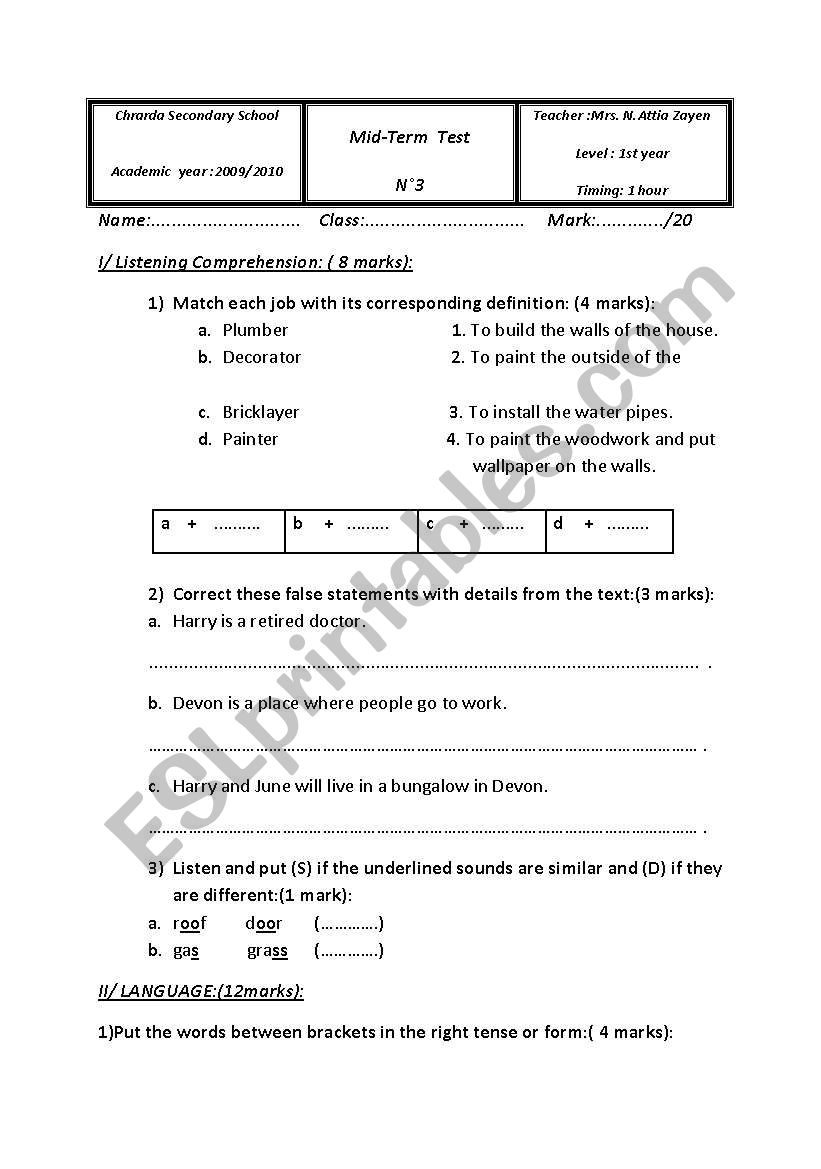 mid-term exam worksheet