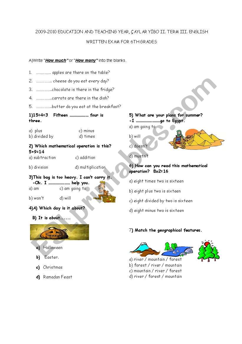 exam for 6th grades worksheet