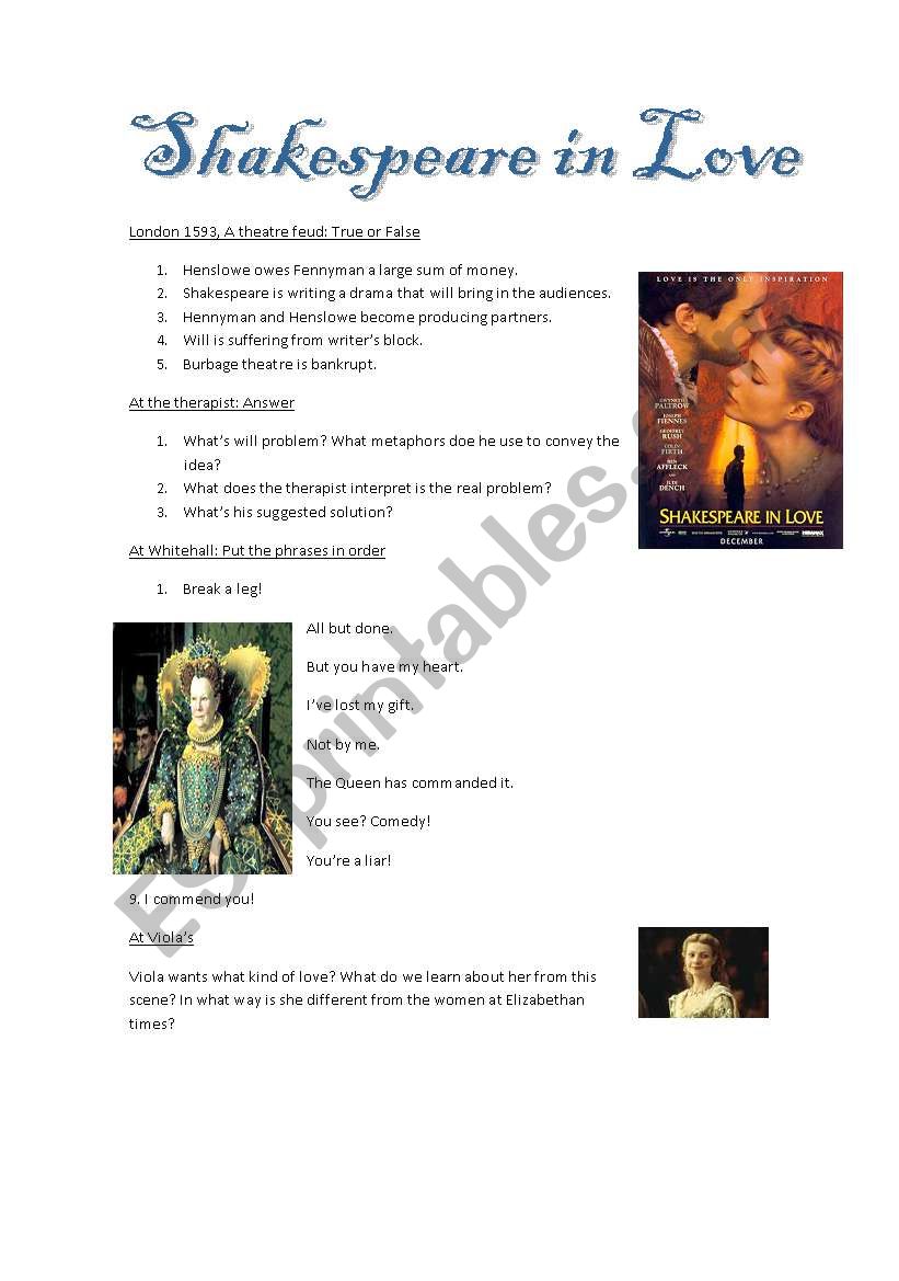 Shakespeare in love worksheet