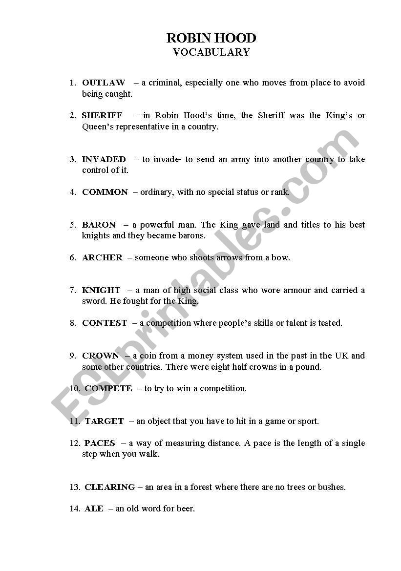 Robin Hood- vocabulary worksheet