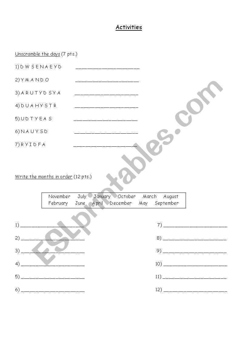 Days and Months worksheet