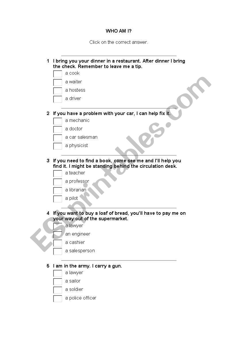 Who am I? worksheet