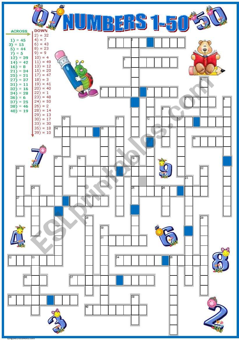 CROSSWORD: NUMBERS 1-50 worksheet