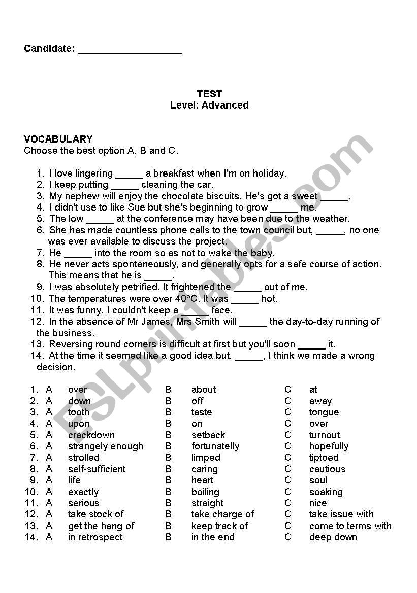 Advanced TEST worksheet