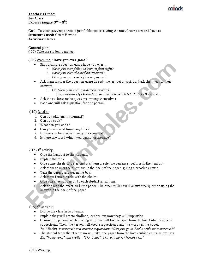 Excuses worksheet