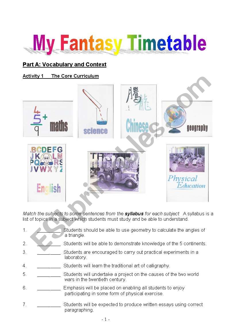 My Fantasy Timetable worksheet