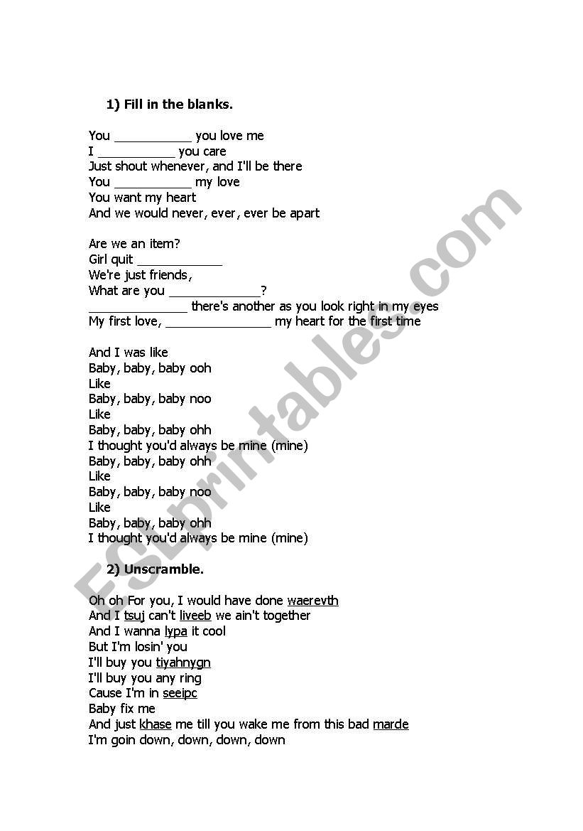 Baby - Justin Bieber worksheet