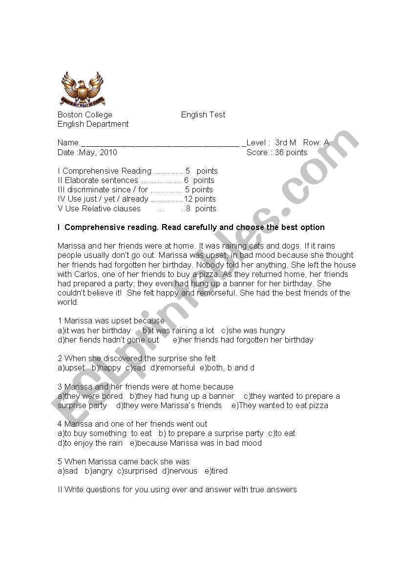  Test of present perfect worksheet