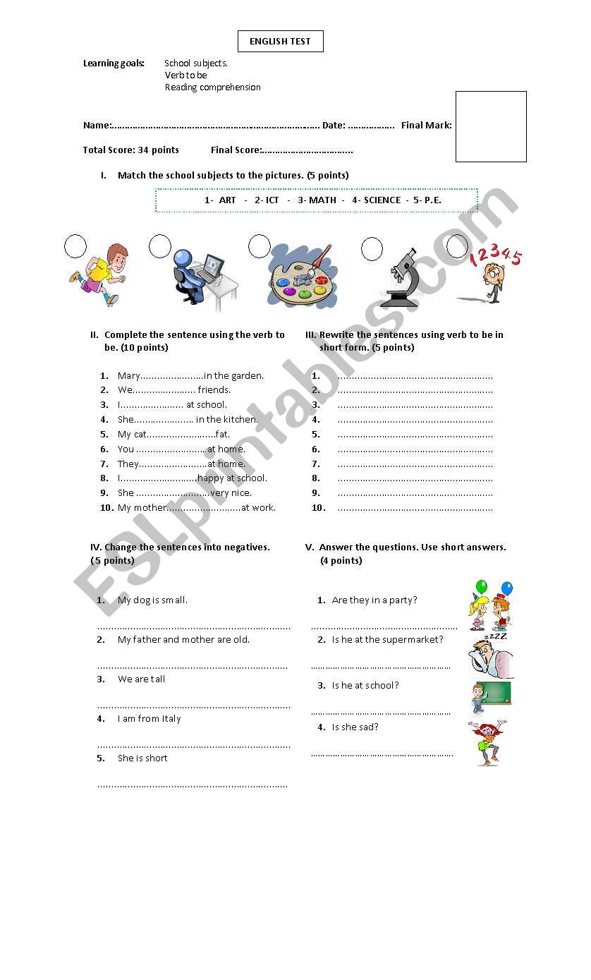 TEST VERB TO BE worksheet