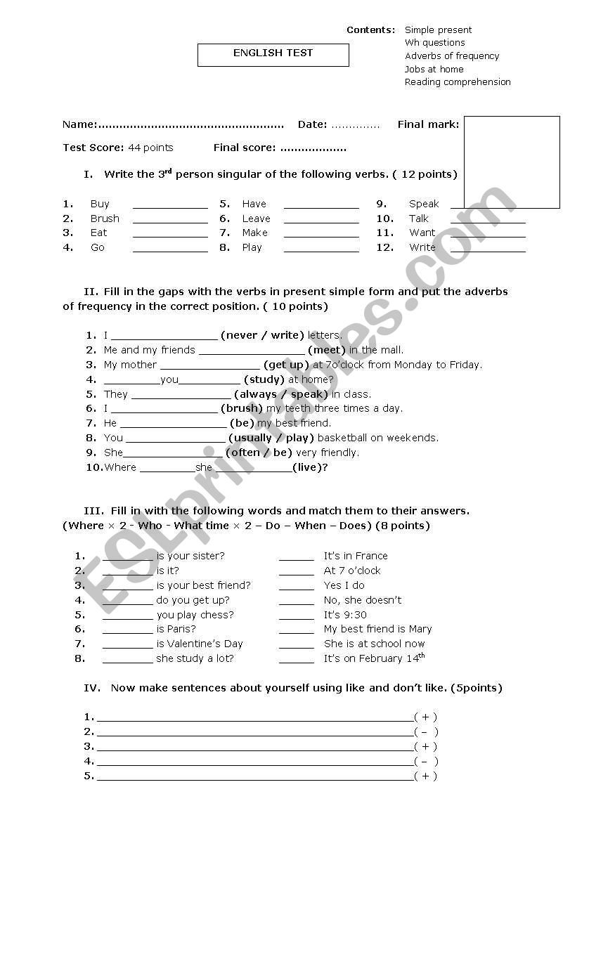 SIMPLE PRESENT TENSE worksheet