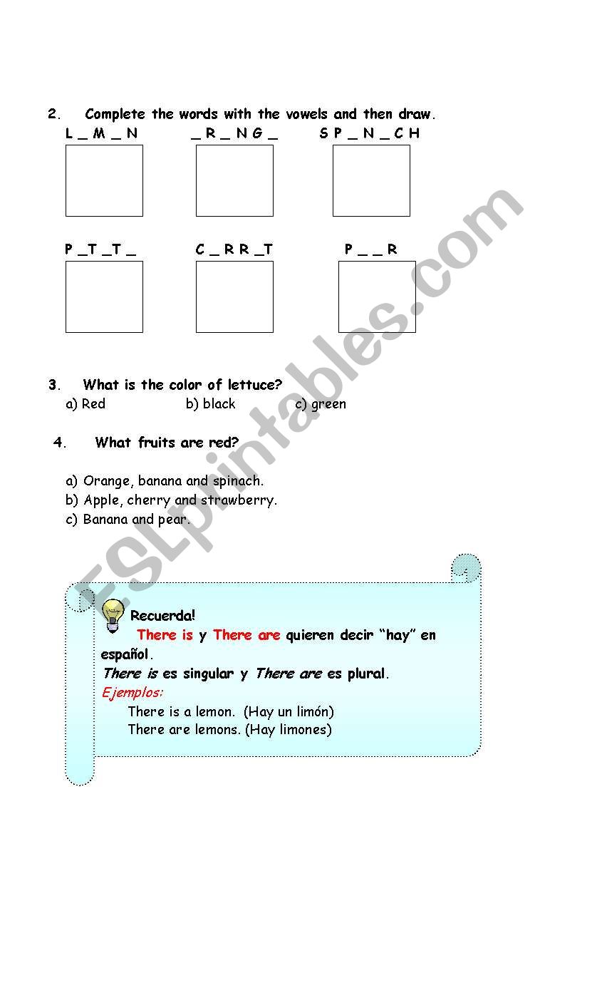 Worksheet fruits ans vegetables part 2