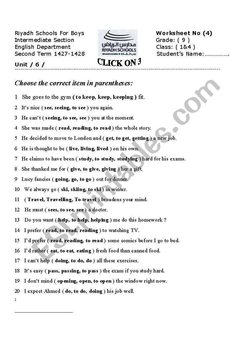 gerund and infintive worksheet