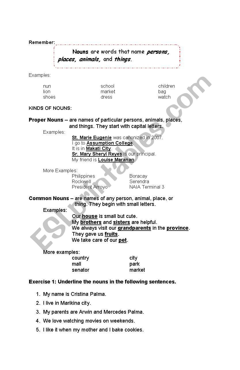 Common and Proper Noun Worksheet
