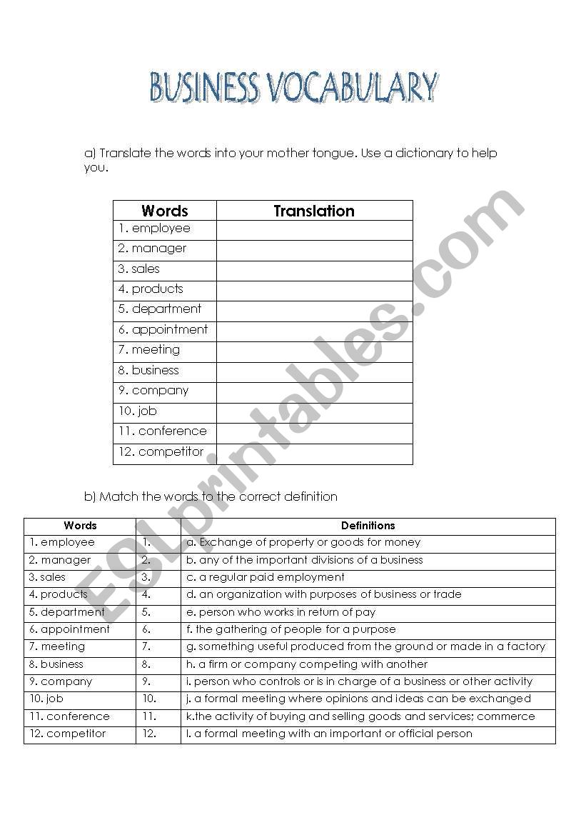 Business Vocabulary worksheet